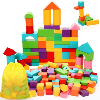 Wooden Building Blocks Set with Storage Bag Wooden Toys for