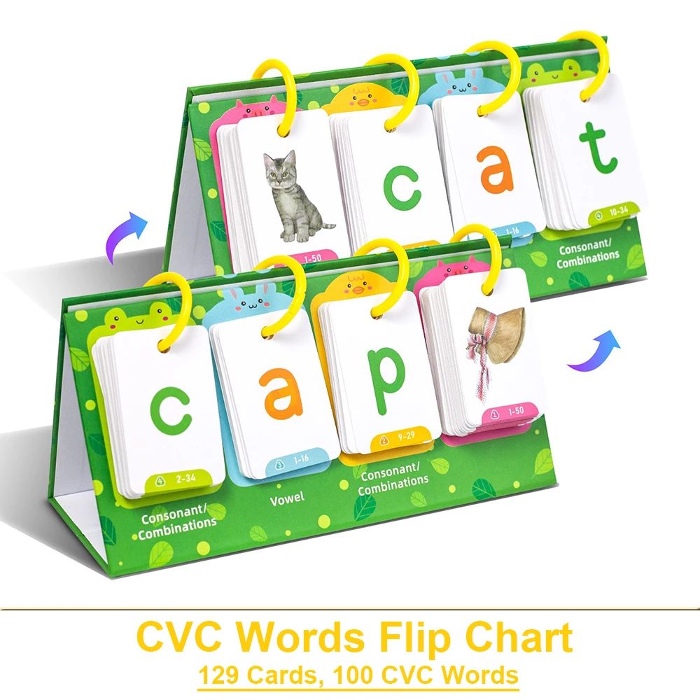 Kids CVC Words Flashcards Phonics Flip Chart Word Builder Si