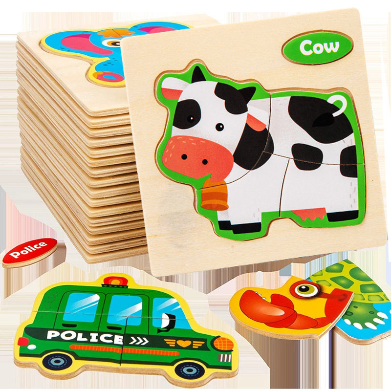 Toys for Kids Montessori 3d Wooden Puzzle Cartoon Animal Tra