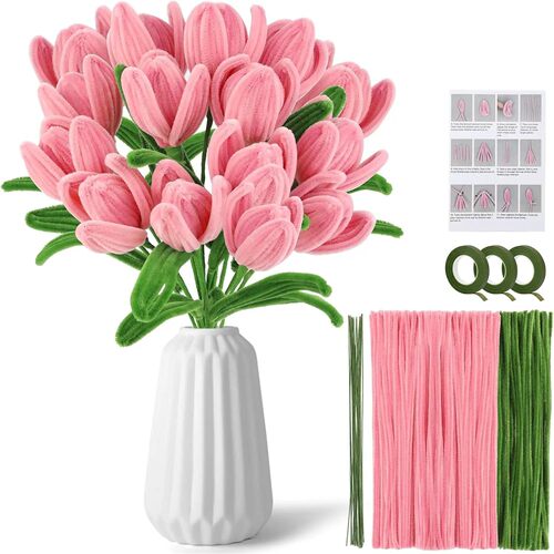 130/260/390pcs Pink Pipe Cleaner Flower Kit Flowers Bulk Che