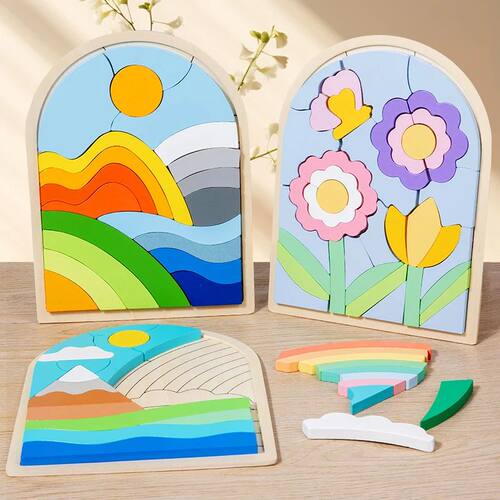 Wooden Rainbow Blocks Puzzle Rainbow Irregular Puzzles Shape