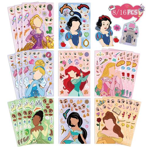 8/16Sheets  Princess Children Puzzle Stickers Make-a-Face Fu