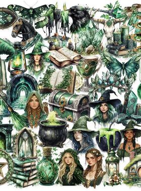 50PCS Cartoon Witch PET Sticky Sticker Aesthetic Tear Open C