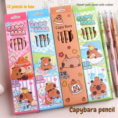 12Pcs/Set Cute Cartoon Capybara 2B Wooden Pencil Eraser Kawa