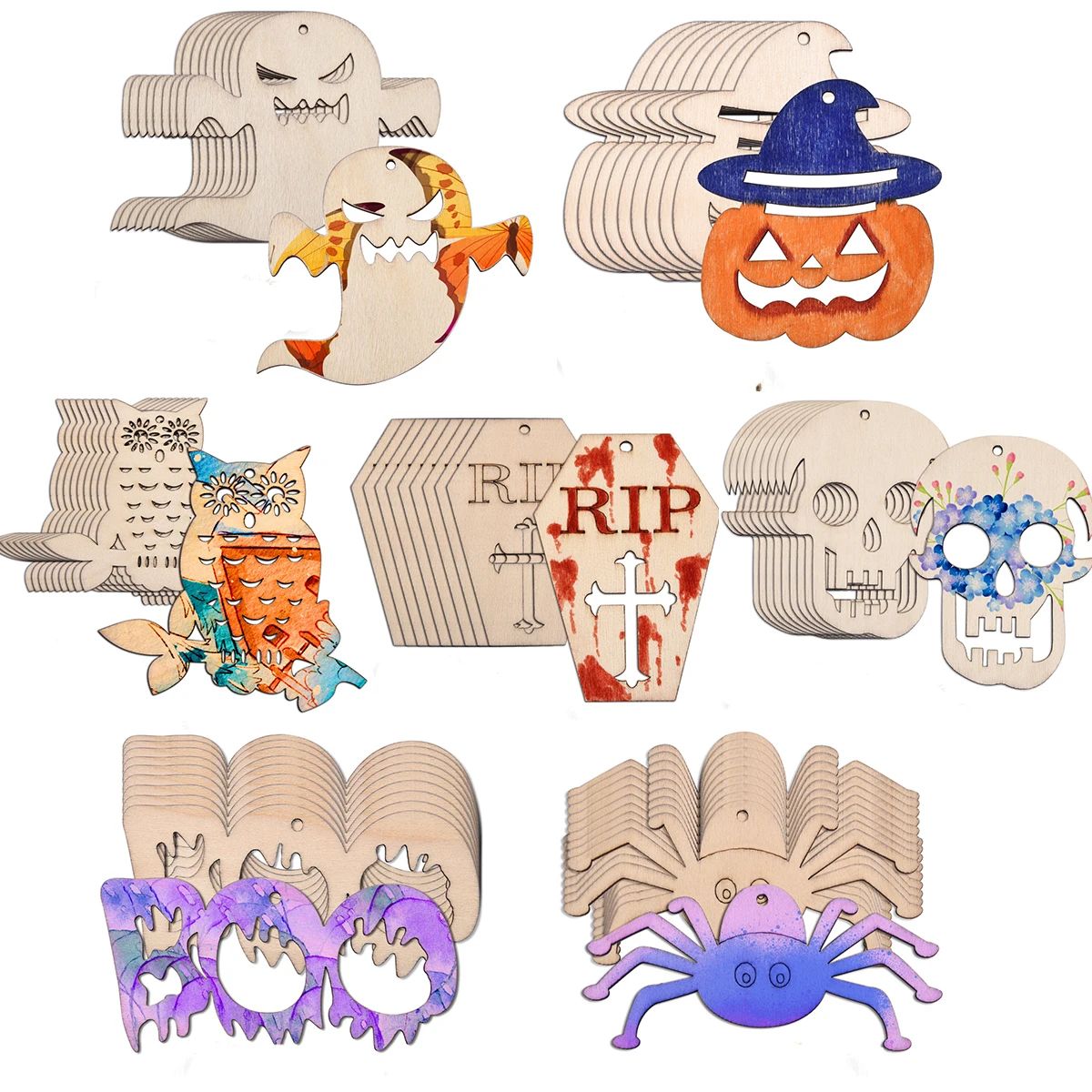 10Pcs Halloween Wooden Crafts Spider Pumpkin Ornament For Ha