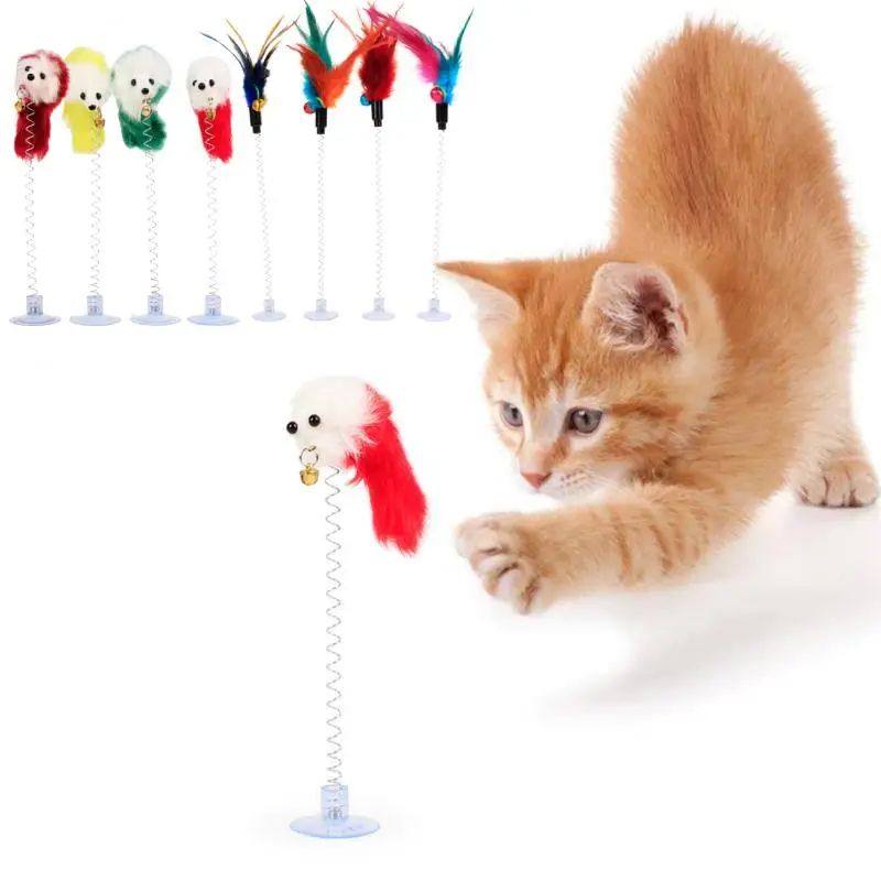 multicolor feather stick spring toy suction with bell mouse