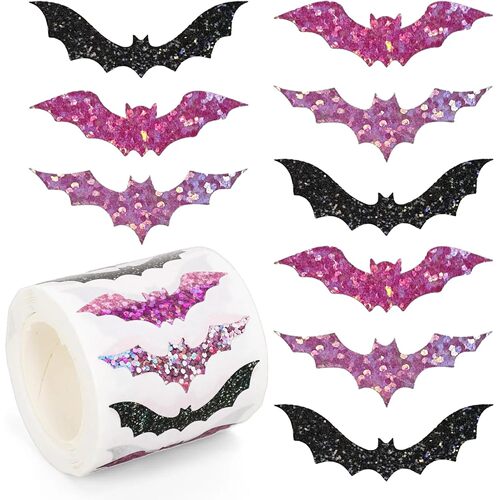 500pcs Halloween Bat Stickers Roll Laser Black Bat Waterproo