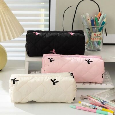 Cotton Quilted Bow Pencil Bags Floral Style Student Pen Pouc