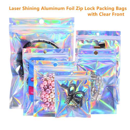 100pcs One Side Clear Laser Shiny Aluminum Foil Zip Lock Bag