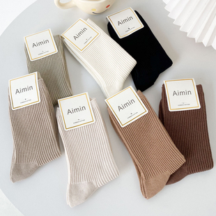 长袜日系运动纯色中筒袜 秋季 袜子女春秋款 纯棉咖色外穿2021年新款