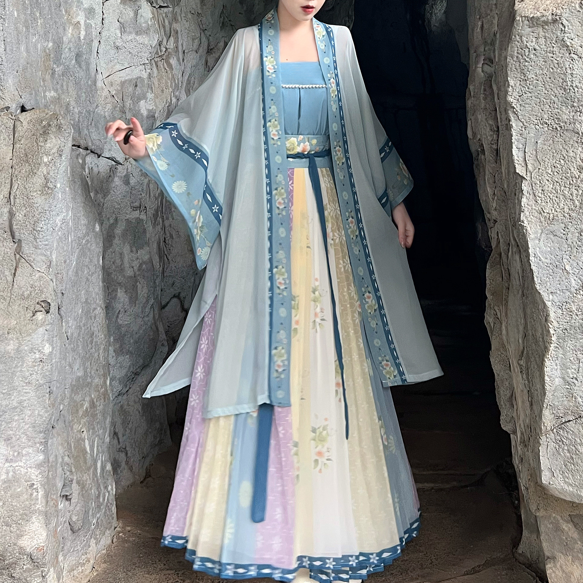悠溪谷原创汉服女青禾宋制印花长干寺齐腰百褶裙日常清新春夏秋款