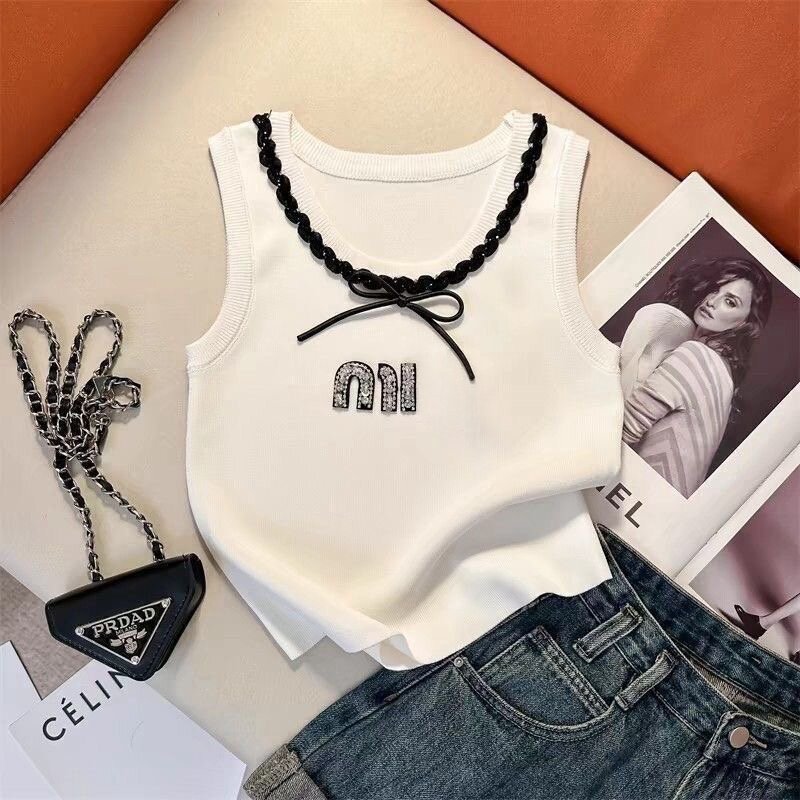 设计感字母印花针织背心女白色无袖显瘦高级感上衣