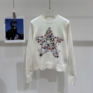 淑女风五角星刺绣针织衫女圆领套头毛衣百搭气质上衣