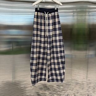 女松紧腰百搭阔腿裤 高腰格纹系带休闲裤 新款 2027春季