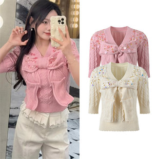 甜美风大蝴蝶结V领亮片针织衫女短袖套头温柔上衣