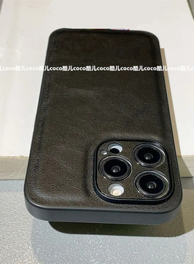 高档黑色皮质适用苹果15手机壳iPhone14promax全包13防摔12/11软