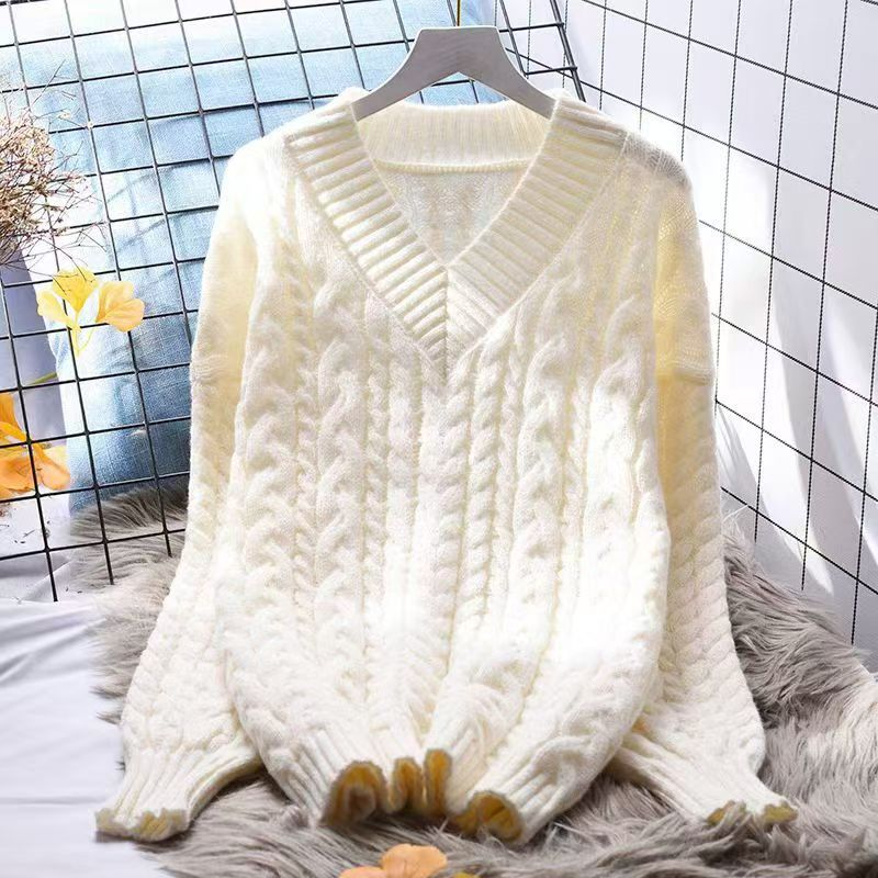 十三行秋冬麻花加厚针织毛衣外套女慵懒风V领宽松中长款套头上衣