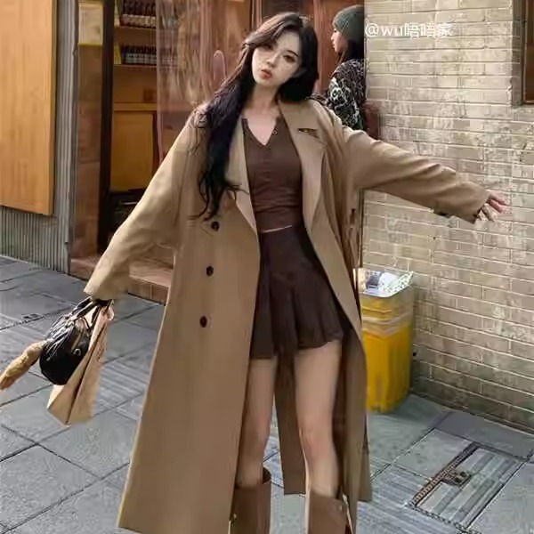 美拉德风复古双排扣长款风衣外套女秋冬季韩系宽松慵懒风气质大衣