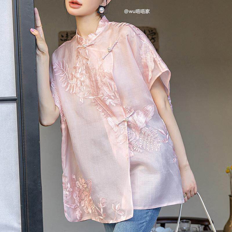 粉色复古刺绣小众衬衫女夏改良新中式国风改良盘扣宽松高级感上衣