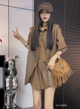 美拉德风不规则休闲PU皮马甲