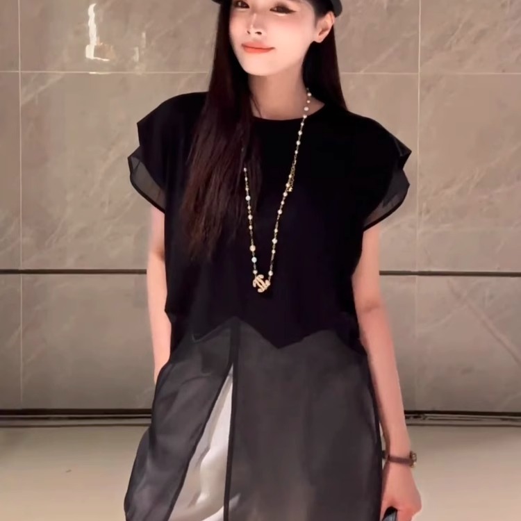 网纱拼接无袖背心T恤女2025夏季新款中长款时尚百搭显瘦洋气上衣