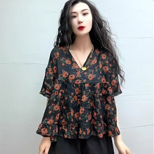 欧货高端黑色复古薄衬衫女夏季休闲遮肚子洋气宽松娃娃衫蓬蓬上衣