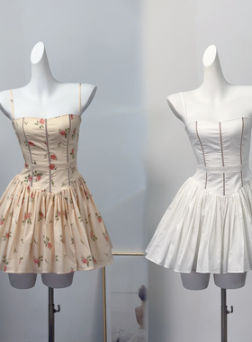 法式优雅立体裁剪白色碎花连衣裙收腰显瘦仙气女神吊带短裙