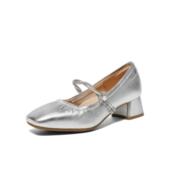 女鞋 2026春新款 银色浅口单鞋 百丽一字带粗高跟玛丽珍鞋 F1S1 F1S1D