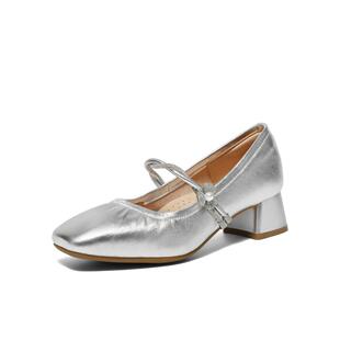 F1S1 百丽一字带粗高跟玛丽珍鞋 银色浅口单鞋 2026春新款 F1S1D 女鞋
