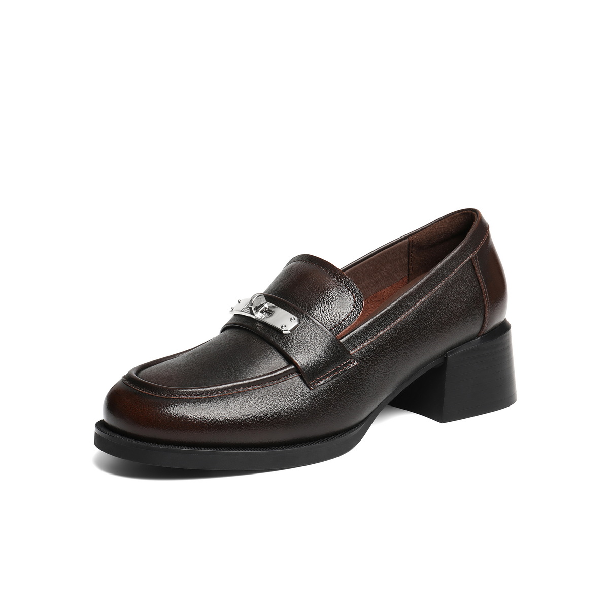 百丽黑色粗高跟乐福鞋女鞋子