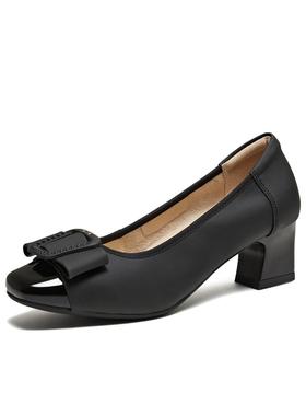 他她百搭浅口羊皮黑色粗中跟女鞋子2026春季新款百搭单鞋URH04AQ6