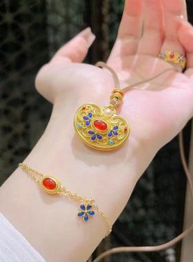 新中式国风珐琅彩花丝凤华玲珑沙金项链女高级感气质百搭锁骨链