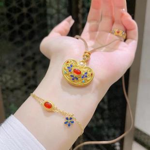 新中式 国风珐琅彩花丝凤华玲珑沙金项链女高级感气质百搭锁骨链