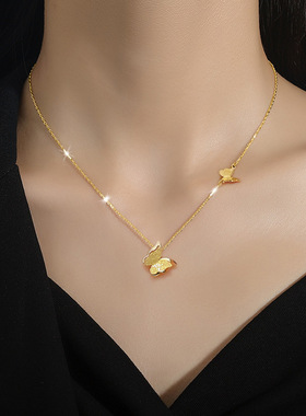 金黄色项链女蝴蝶套链镀18K金ins风翩翩起舞吊坠花丝工艺绝美坠子