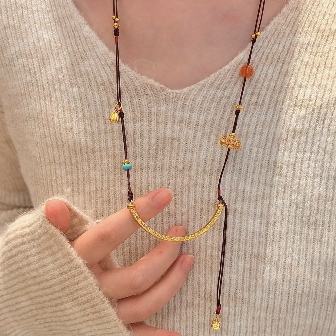 古法沙金吉言弯管项链镀真金毛衣链新中式复古百搭时尚小众项链女,饰品/流行首饰/时尚饰品新,项链,淘宝优惠券,粉丝福利购,淘宝优惠卷