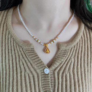 新中式 珍珠项链毛衣链轻奢高级感可转动葫芦吊坠转运项链镀24k金