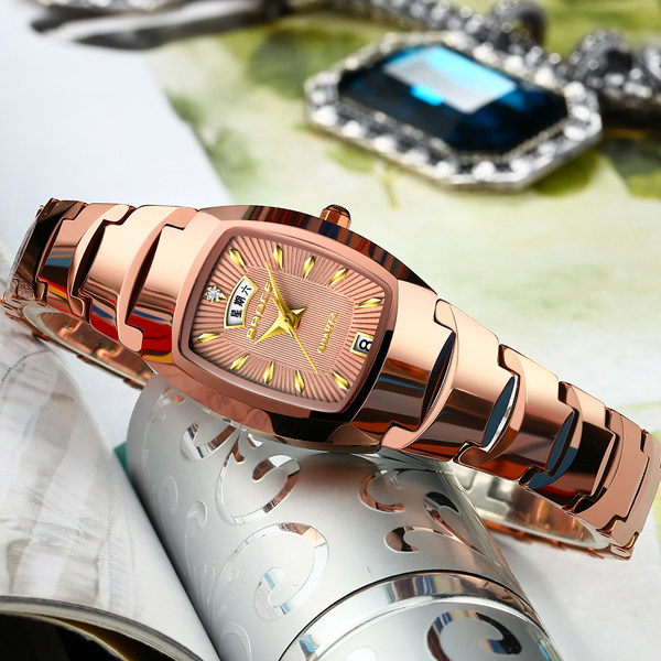 正品手表女款小表盘潮表防水方形钨钢玫瑰金双日历文艺森女系国表