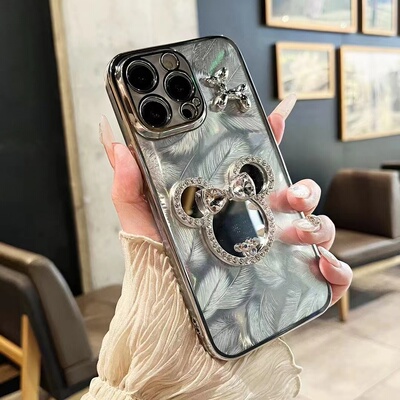 适用华为畅玩60PLUS/50羽纱米奇头化妆镜子电镀手机壳手工立体羽毛精孔银色全包防摔透明壳羽翼女生保护软套