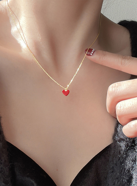 纯银本命年小红心锁骨项链女