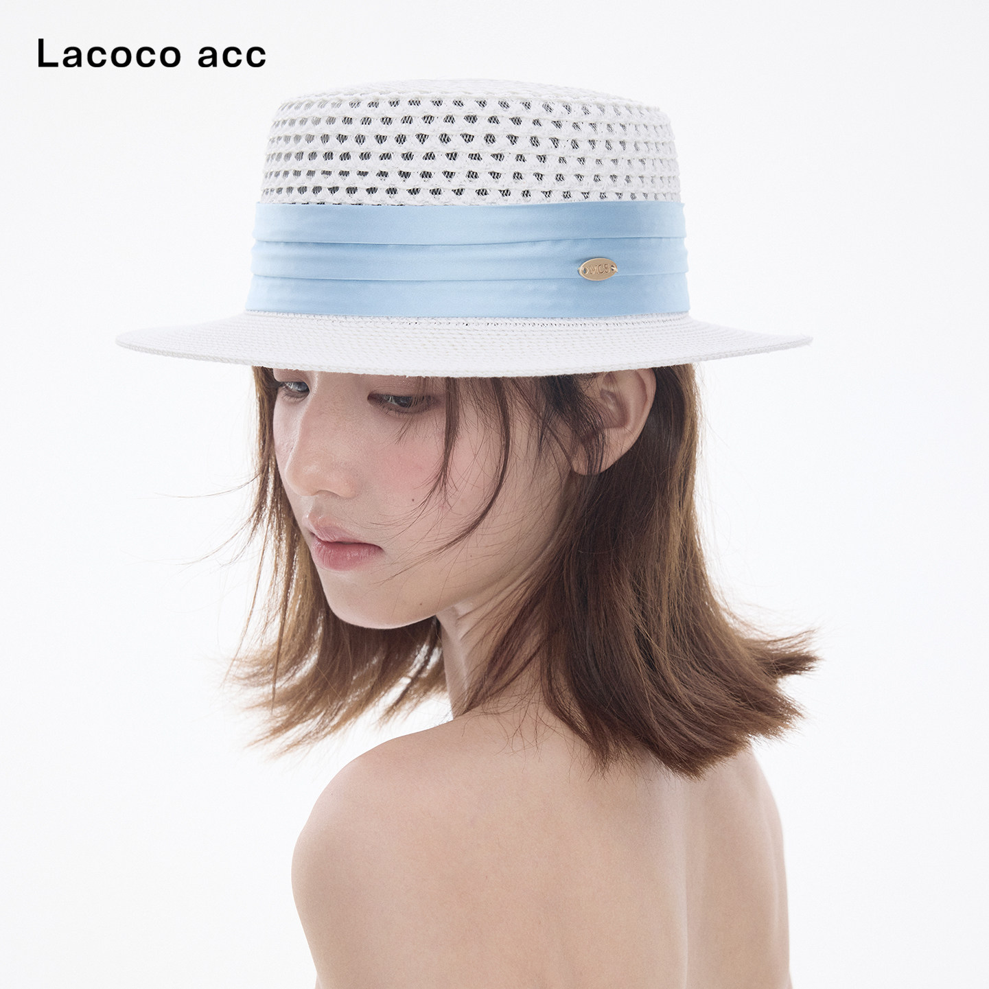 Lacoco 老钱风镂空透气礼帽夏季出游宽檐遮阳草帽显脸小平顶帽女