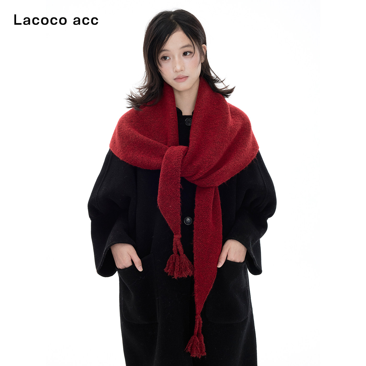 Lacoco 手工流苏三角巾2026秋冬含羊毛保暖针织围巾氛围感披肩女