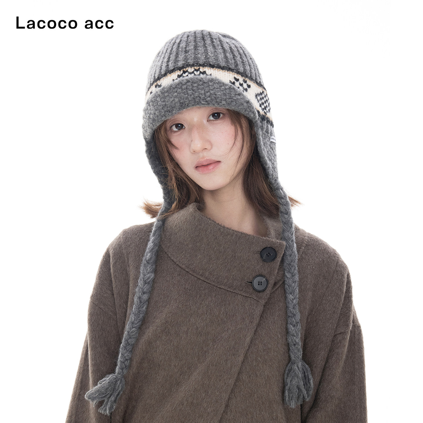 Lacoco费尔岛提花针织护耳帽女26冬季加厚保暖雷锋帽显脸小毛线帽