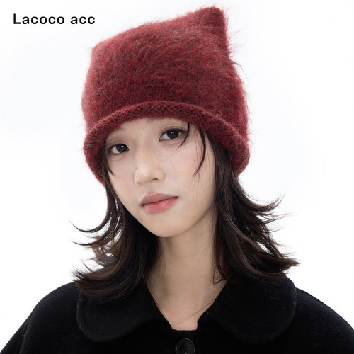Lacoco复古卷边猫耳针织帽女