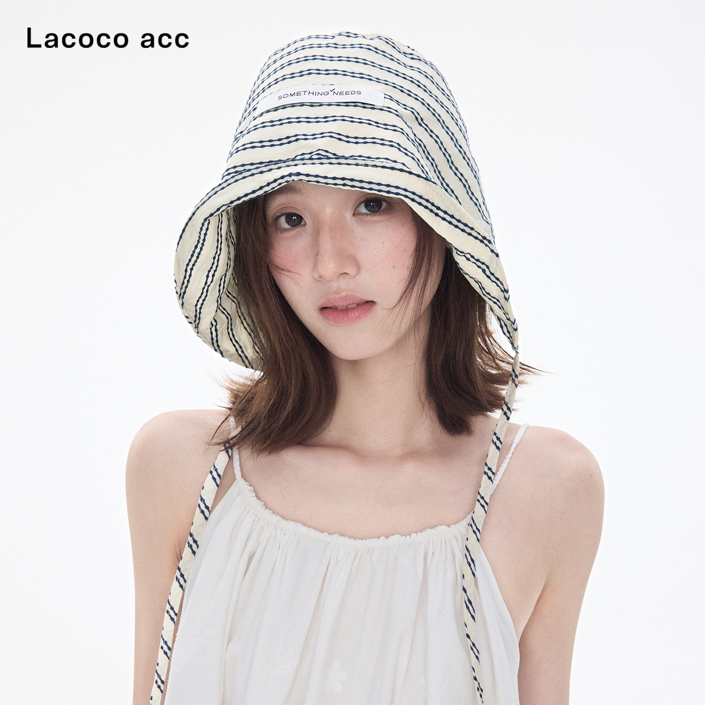 Lacoco 复古条纹系带渔夫帽女2026夏季新款轻薄显脸小防晒遮阳帽