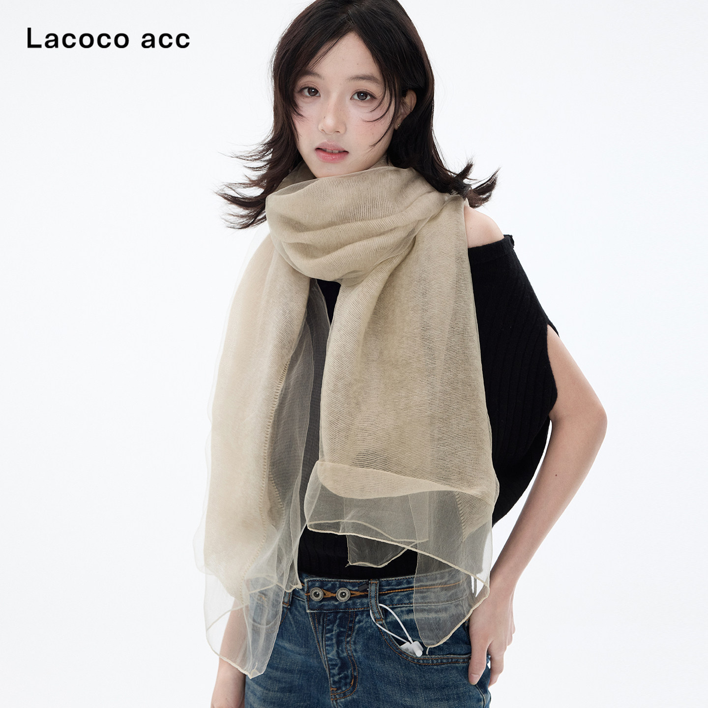 Lacoco双层真丝混纺丝巾2026秋冬新款日系薄款围巾保暖百搭披肩女