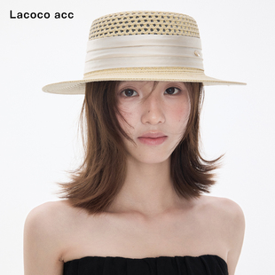Lacoco沙岸织纹!法式缎带礼帽女夏季镂空透气海边氛围感遮阳草帽