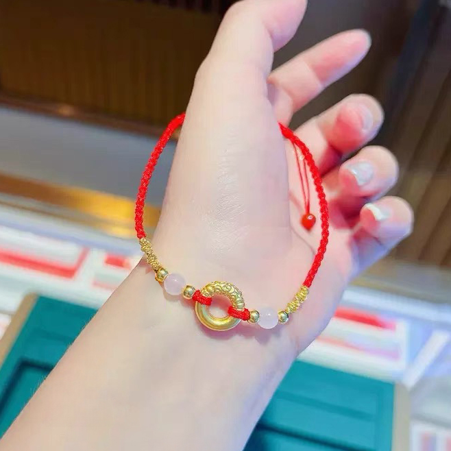 黄金平安扣转运珠手链女足金999金箍圈福牌编织红绳脚链生日礼物