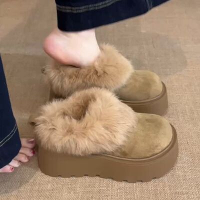 厚底增高毛毛拖鞋女外穿2025新款冬季加绒保暖一脚蹬懒人包头棉拖