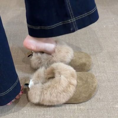 毛毛包头拖鞋女加绒保暖勃肯鞋2025冬季新款厚底一脚蹬懒人棉拖鞋