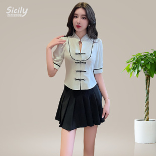 性感气质会所沐足柔式 足浴工作服百褶裙套装 技师工衣 中式 2024新款